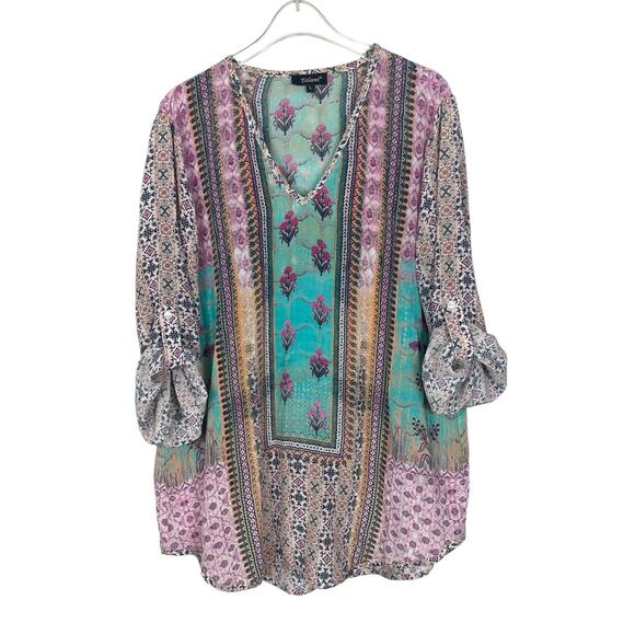 Tolani 100% Silk Printed Tunic Top Roll Tab Sleeves Beach Resort Vacation Large - Picture 2 of 14